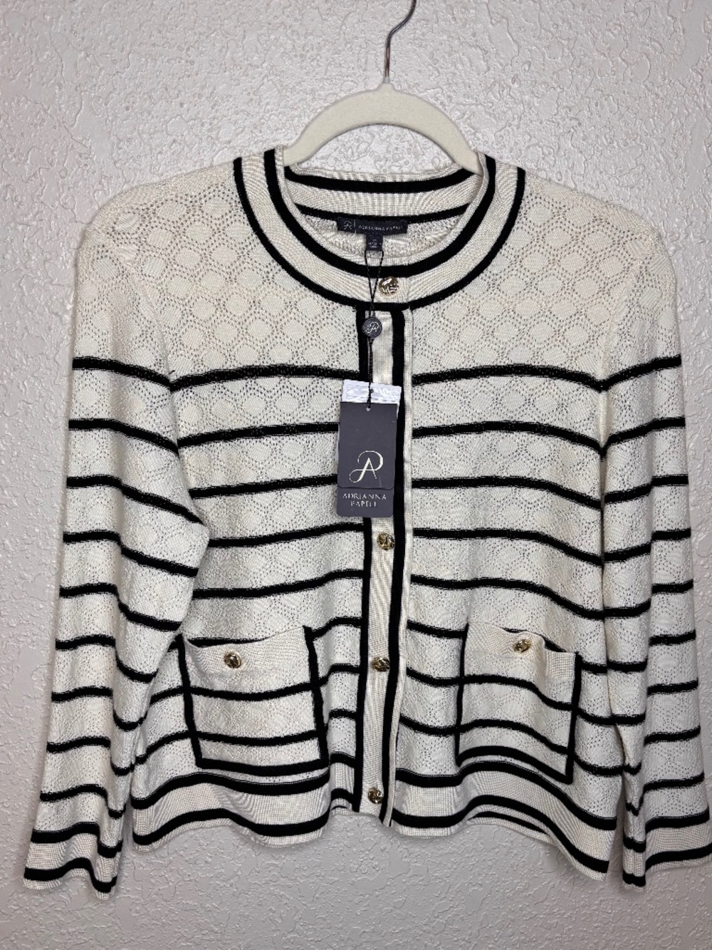 Adrianna Papell Cream Black Stripe Lightweight Sweater Cardigan Women's Size M